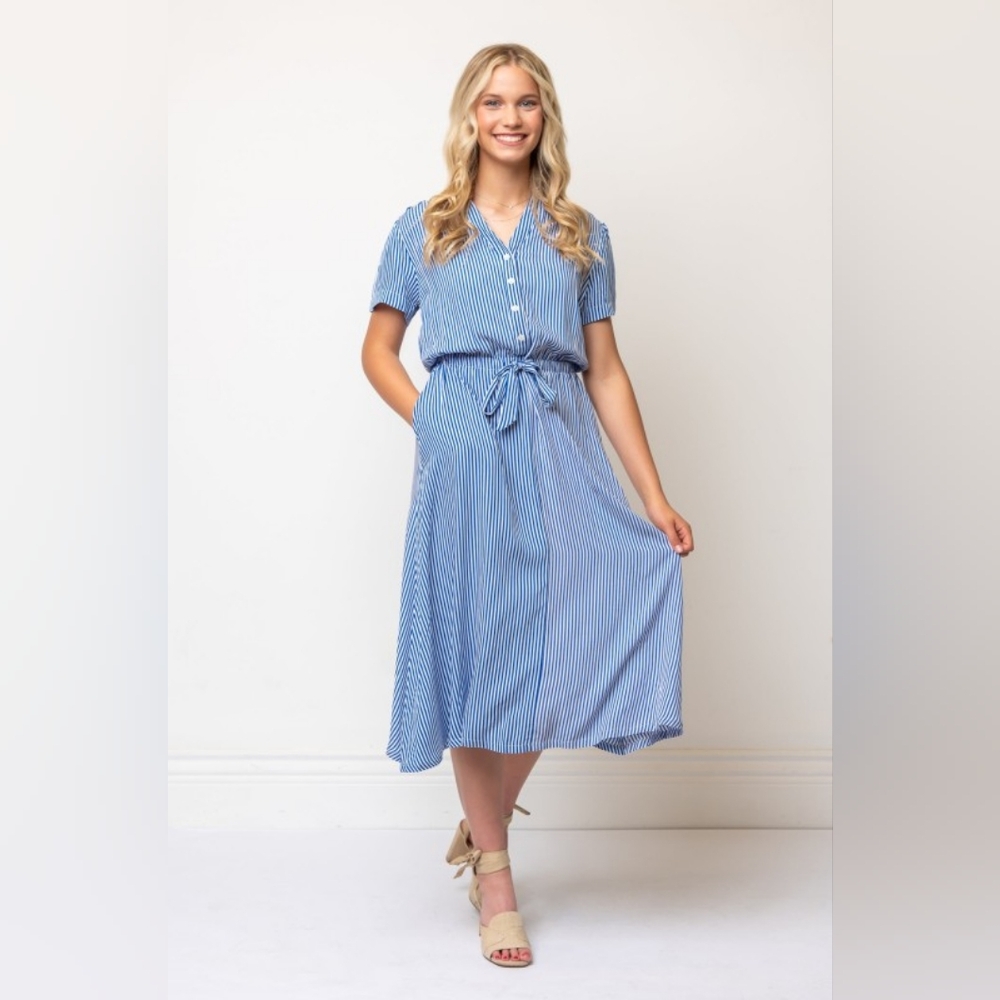 NWT - New Designer "Margaux USA" Blue Striped Tie Waist Midi Shirt Dress-Size Xl